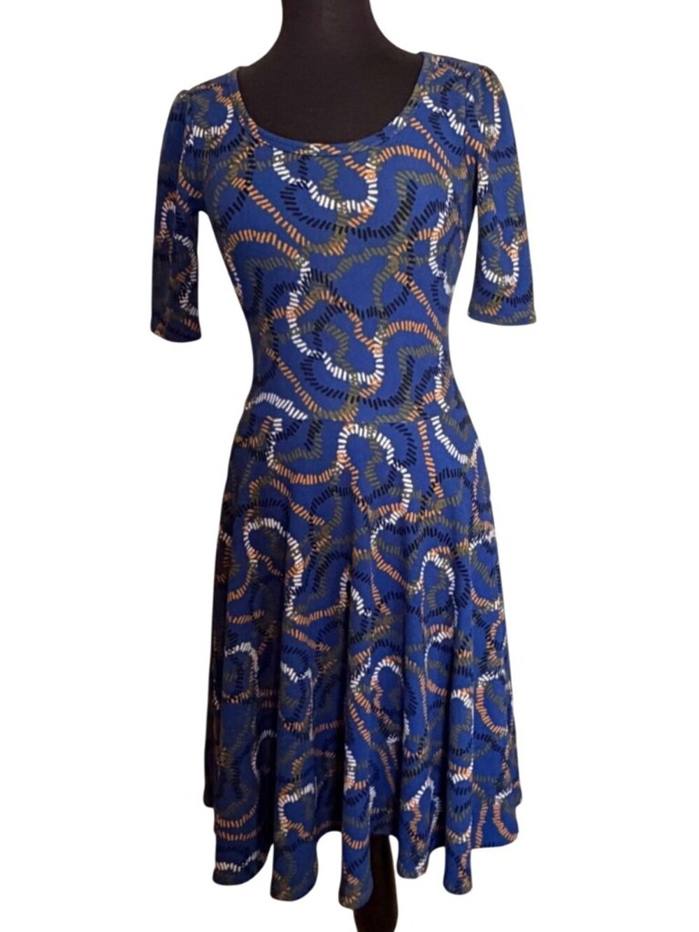 LuLaRoe Nicole Fit & Flare Midi Dress w/Royal Blue Geometric Print Women Size S